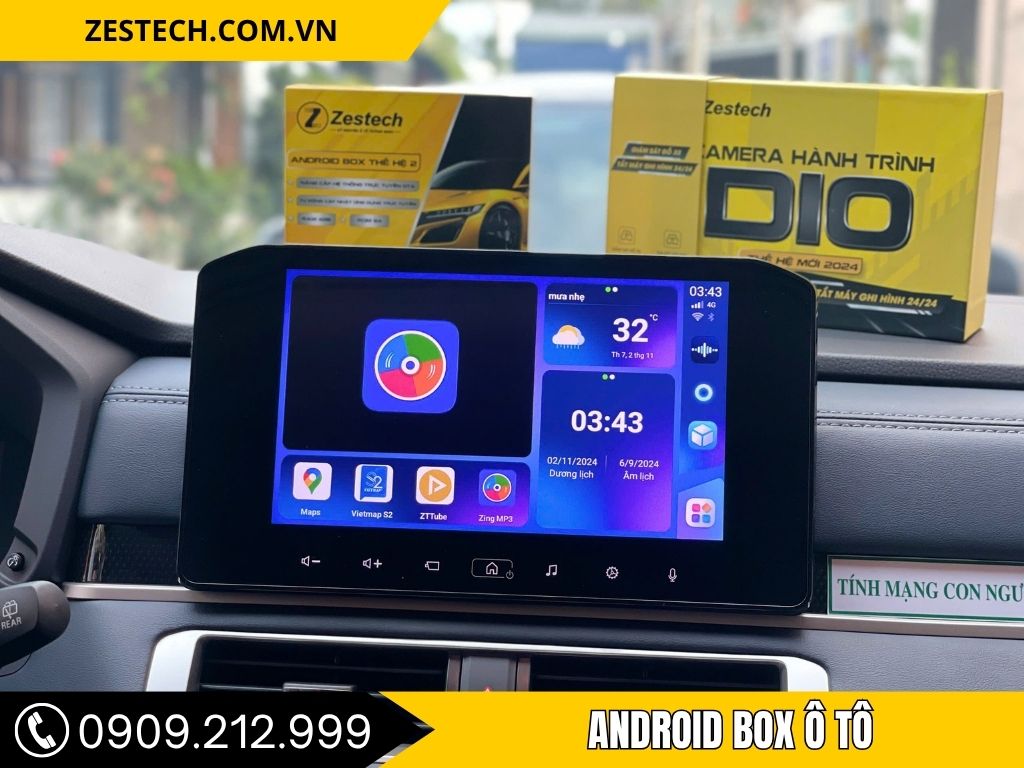 Giao diện ứng dụng và thời tiết hiển thị trên màn hình sau khi lắp android box ô tô tại Long An tại Thành Phát Auto, thao tác nhanh và ổn định.