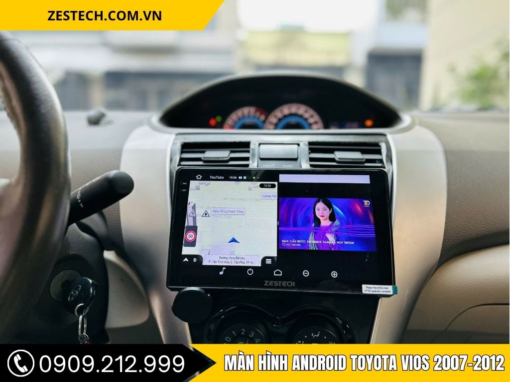 Màn hình Android Zestech lắp cho Toyota Vios, hiển thị bản đồ dẫn đường cùng video giải trí YouTube, giúp trải nghiệm lái xe thông minh và tiện lợi.