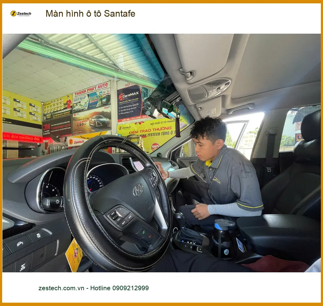 Chị Yến nâng cấp màn hình ô tô Santafe tại Quận 4, màn zin quá lỗi thời ảnh thực tế 2